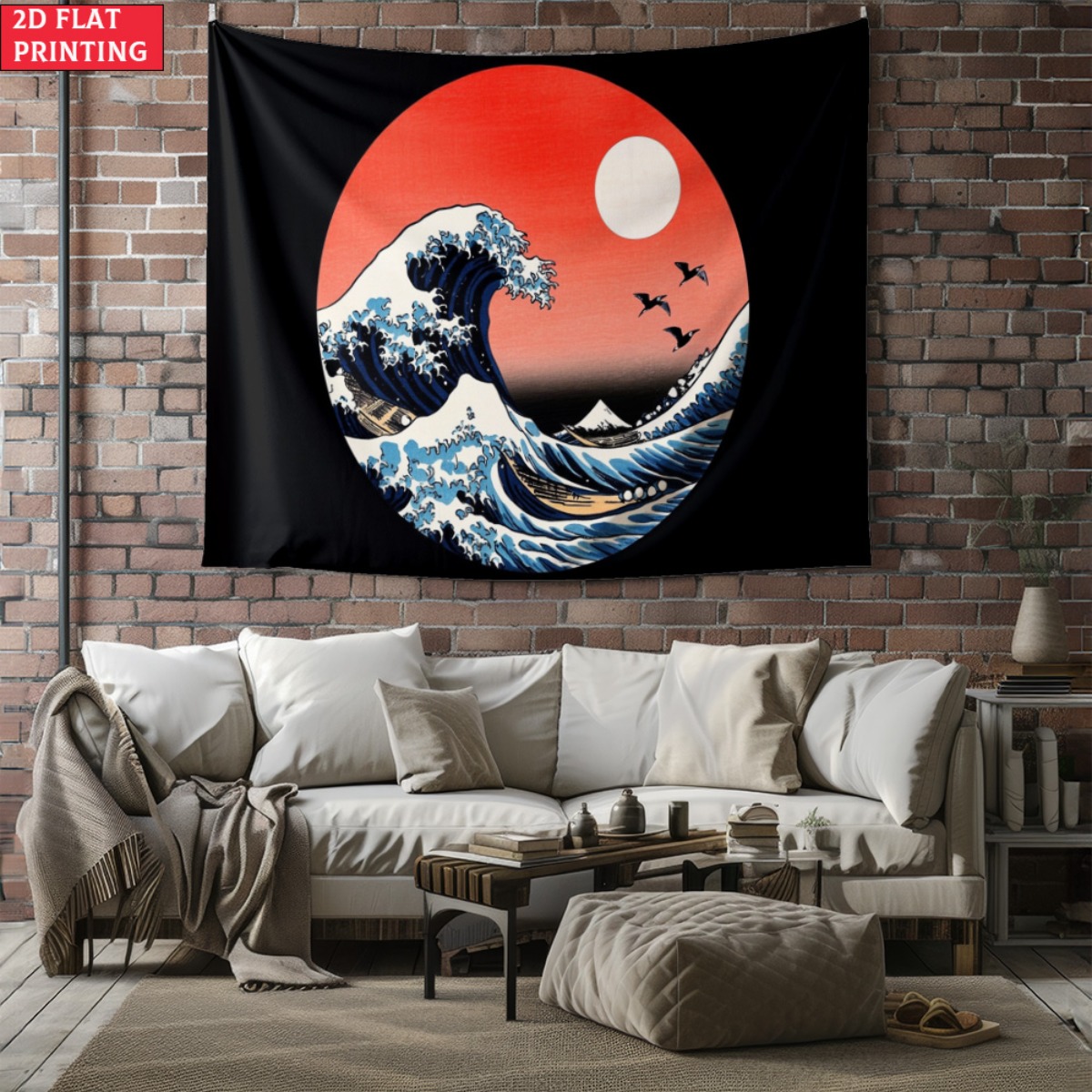 Interior Design Zen - unframed Japanese Wave Sunset Tapestry Hokusai